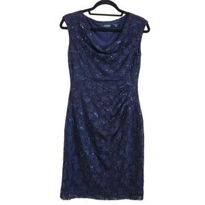 90's Ralph Lauren Floral Cowl Neck Sequin Lace Sheath Dress Navy Blue Size 6